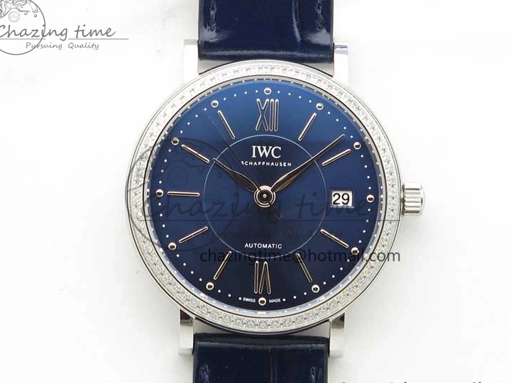 MIROTIME 0429 Portofino 37mm SS V7F 1:1 Best Edition Blue Dial Diamonds Bezel on Blue Leather Strap A Chic 7093